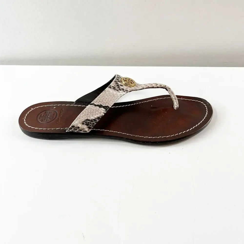 Tory Burch Cameron Snakeskin Embossed Leather Flat Thong Sandals Brown 7